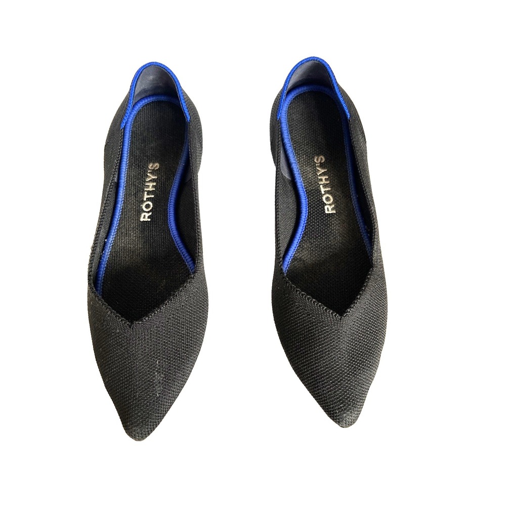 Rothy's THE POINT Black Slip On Flat Ballet Shoes WOMENS US 6.5 w/Blue Trim